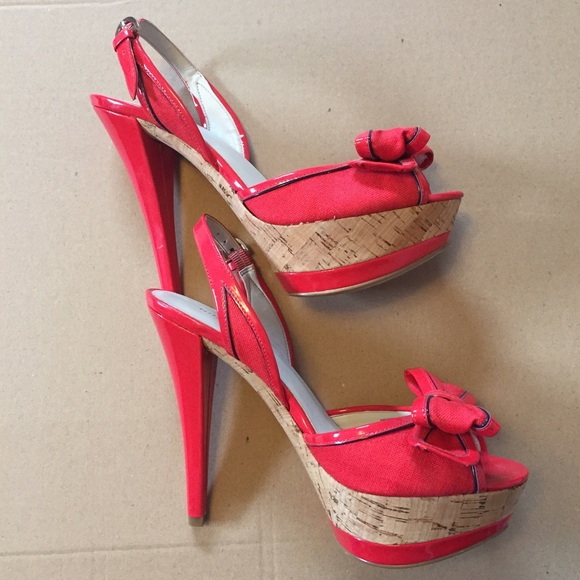 Nine West Red Platform Slingback Heels w/Bows - Picture 2 of 4
